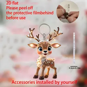 2D flat acrylic Christmas reindeer keychain, backpack decorative pendant, detail view of thickness.