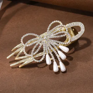 Elegante Strass Schleife Haarklammer mit Perlen Anhänger, glänzende Metall Haarspange.