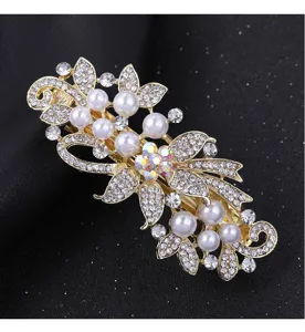 Elegant pearl and rhinestone hair clip, gold-tone metal flower barrette for women's hairstyles.