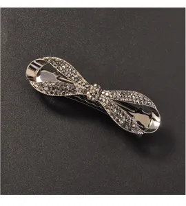Small bow crystal hair spring clip women metal rhinestone barrette ponytail holder hairpin detail
