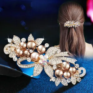 Metal Alloy Artificial Pearl Rhinestone Spring Hair Clip Elegant Flower Leaf Hair Accessory For Women Daily Styling