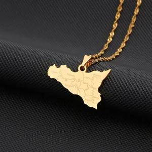 Gold stainless steel Sicily map pendant necklace geography jewelry for men and women stylish charm
