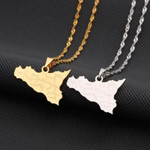 Stainless steel Sicily map pendant necklace detail shot, fashion personalized jewelry.