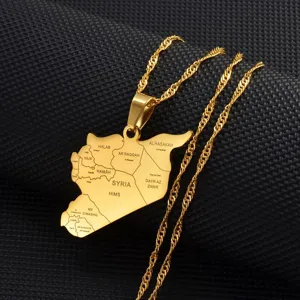 Gold stainless steel Syria map pendant necklace with city engraved geographic jewelry gift