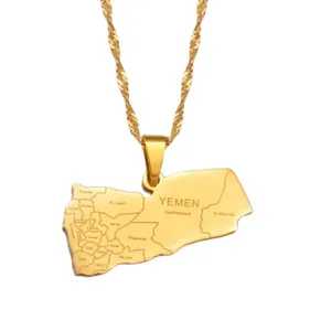 Stainless steel Yemen map pendant necklace detail shot, golden finish, geographic engraved details.