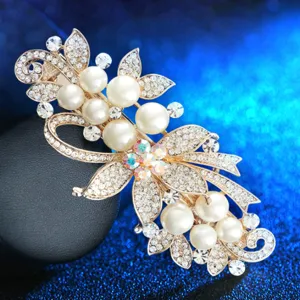 Elegant pearl hair clip with rhinestones, vintage gold tone spring clip for women and girls daily wear.