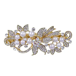 Elegant gold tone pearl rhinestone hair clip large floral hairpin barrette for women