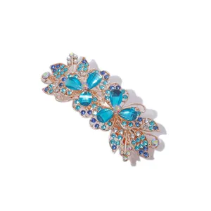 Elegante blaue Kristall Blumen Haarklammer goldfarbene Federklammer Damen Haarspange Haarschmuck