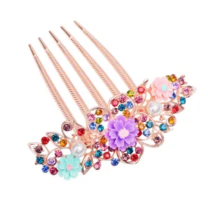 Vintage rose gold floral hair comb with colorful rhinestones and pearls for elegant hairstyles