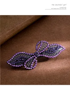 Elegant purple rhinestone hairpin for women bow spring clip daily hair styling accessories