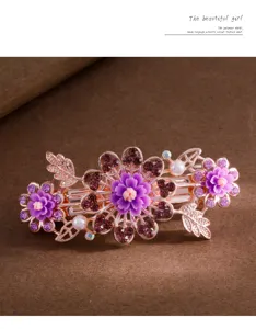 Close-up detail of crystal flower spring hair clip with sparkling rhinestones and pearls.