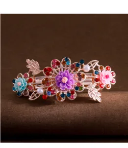 Rhinestone flower barrette spring clip elegant hair accessory for women hair styling detail shot