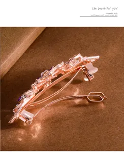 Rose gold crystal hair clip, elegant retro alloy spring barrette for women and girls.