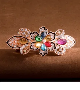 Retro crystal hair clip alloy rhinestone barrette colorful spring clip hair accessory for women