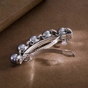 Vintage silver tone metal hair barrette with grey pearl beads elegant hair clip for women