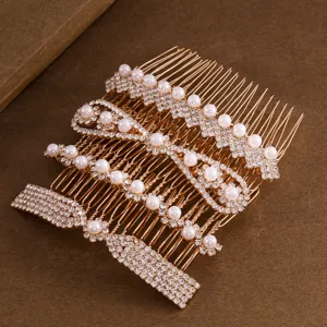 Goldener Strass Perlen Haarkamm Set elegante Braut Haarschmuck fuer Damen Hochzeit