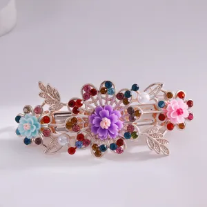 Elegant crystal flower spring hair clip with colorful rhinestones for women and girls.