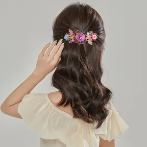 Elegant crystal flower hair clip spring barrette for women half-up hair styling accessory