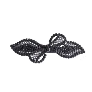 Black rhinestone bow hair clip for women, elegant crystal spring hairpin for back of head styling.