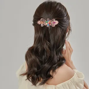Large vintage alloy crystal hair clip, beautiful butterfly ponytail barrette for women main view.