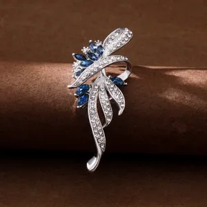 Elegant silver-tone rhinestone and blue crystal floral brooch for women suit jacket accessory
