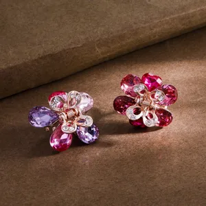 Mini metal flower hair claw clips with sparkling colorful crystal rhinestones, elegant.