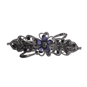 Vintage rhinestone spring hair clip for women, black metal floral barrette ponytail holder.