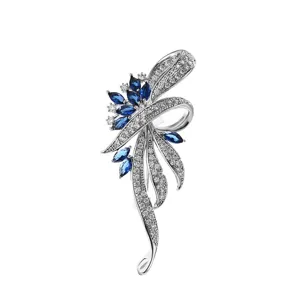 Elegant blue gemstone and crystal ribbon brooch for women's suits and jackets main view.