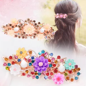 Chic rhinestone floral spring hair clip for women, elegant large barrette for daily styling.