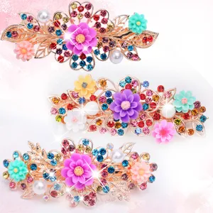 Gorgeous rhinestone flower spring hair clip for women, large elegant barrette for styling hair.