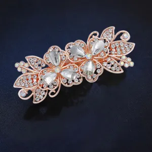 Rose gold floral rhinestone spring hair clip, elegant crystal barrette for women.