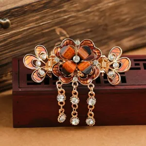 Retro Quasten Haarklammer mit Strasssteinen und Blumenmuster für elegante Frisuren und Alltagsmode.