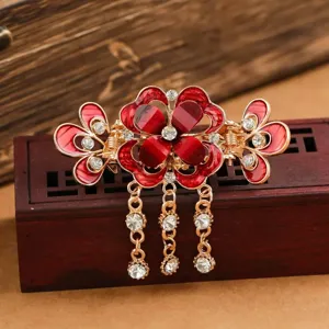 Vintage rote Blumen Haarklammer mit Strass Quasten, elegantes Metall Haarschmuckstück.