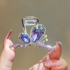 Crystal bow hair claw clip purple rhinestone metal shark clip elegant korean hair accessories