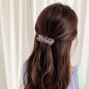 Elegant women spring hair clip with purple crystal rhinestones for daily ponytail styling