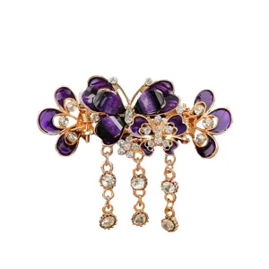 Elegant purple butterfly hair claw clip with crystal rhinestones and vintage tassel design.