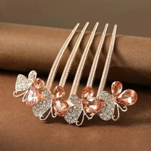 Exquisite rose gold rhinestone butterfly hair comb, elegant crystal hair fork for women.