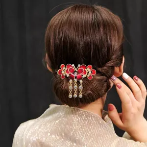 Elegant red butterfly hair claw clip with crystal tassels, exquisite back headwear accessory.