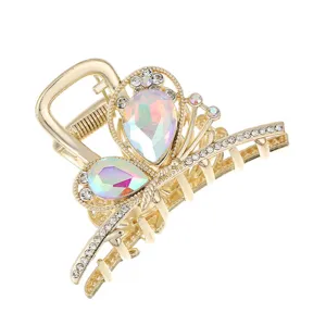 Gold butterfly hair claw clip with colorful iridescent crystal and sparkling rhinestones for women.