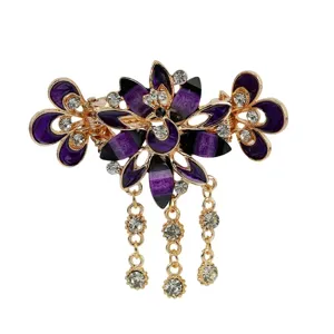 Pince à cheveux rétro en émail violet et strass avec chaînes à pampilles pour femmes