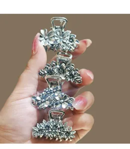 Pack of small vintage metal hair claw clips with floral engraving for elegant daily styling.