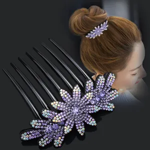 Elegant Korean Style Rhinestone Crystal Flower Hair Comb Insert Hair Fork Bridal Hair Accessory For Women