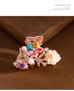 Korean fashion crystal hair claw clip with colorful floral pearls and rhinestones.