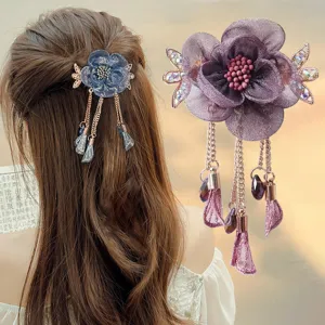Vintage Floral Tassel Hair Clip Mesh Fabric Rhinestone Spring Hairpin Elegant Ponytail Hair Accessories For Women