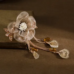 Retro mesh flower hair clip with sparkling rhinestones and elegant cascading tassel chains.