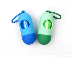 Portable capsule pet poop bag dispenser with hooks and eco-friendly waste bags included.