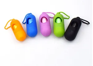 Portable dog poop bag dispenser holder set in multi colors for pet waste pickup clean up.