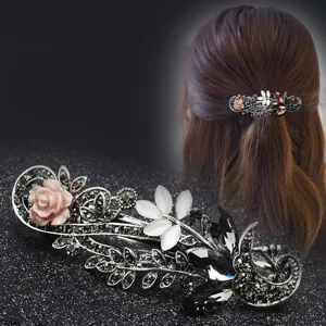 Vintage rhinestone spring hair clip with pink rose and black crystals for elegant women daily wear.