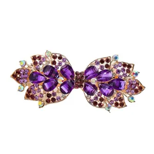 Elegante pinza de pelo con diamantes de imitación violeta, lazo dorado, gran horquilla para mujer.