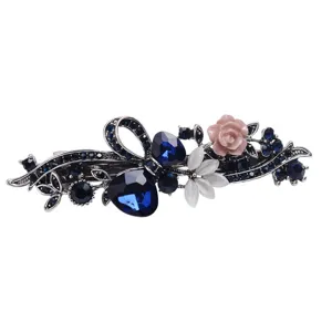 Vintage Korean style rhinestone spring hair clip with blue crystals and pink rose flower.